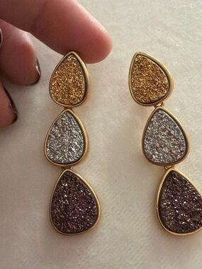 Gold-Trim Triple Teardrop Druzy Drop Earrings in Gold, Silver & Brown